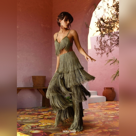 Andrea Iyamah Pants - Andrea Iyamah Olive Obi Fringe Pant Rosemary Green Medium M NWT